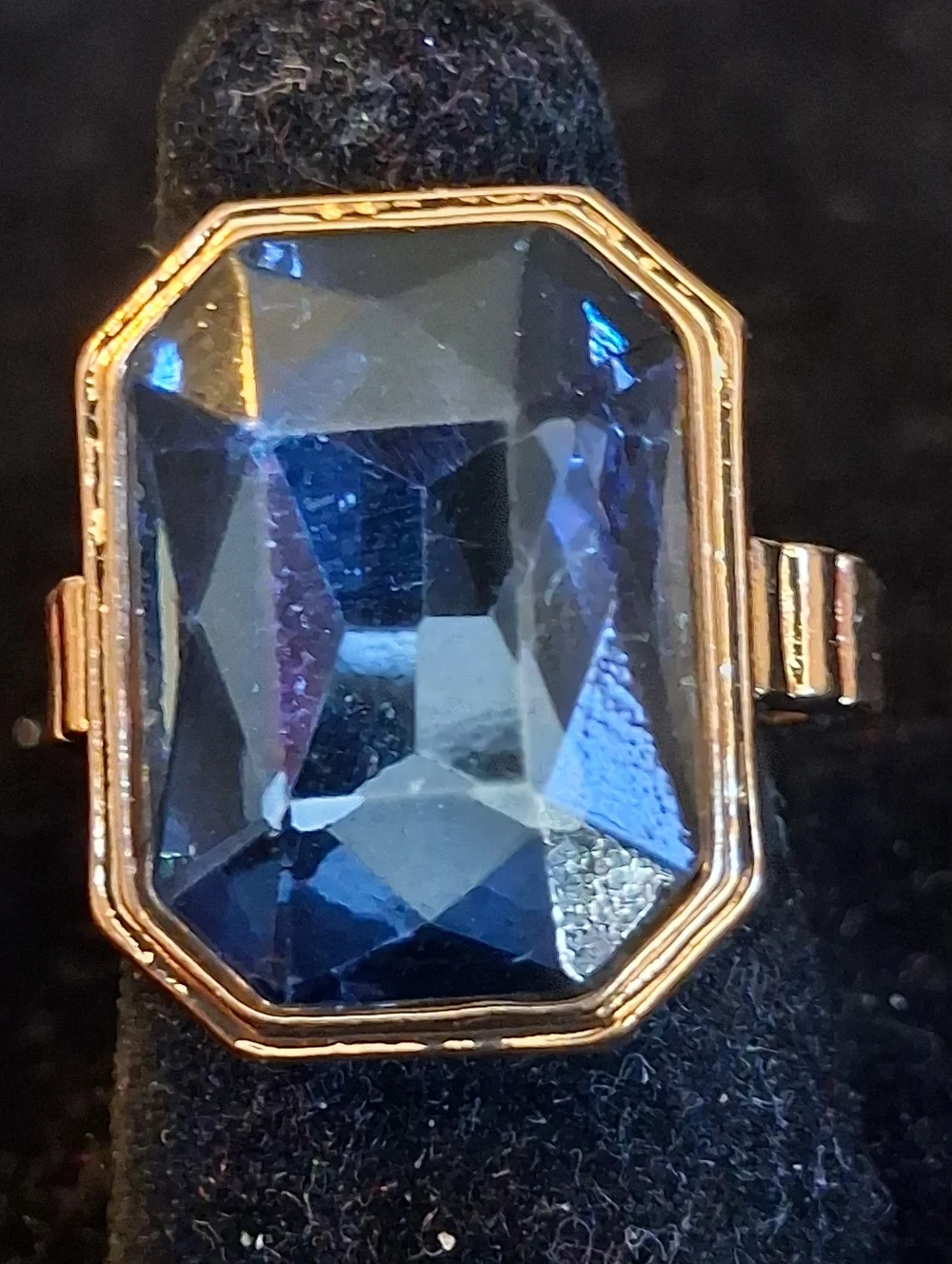 Goldtone Frame Blue Gem Octagon Statement Ring - Women Jewelry